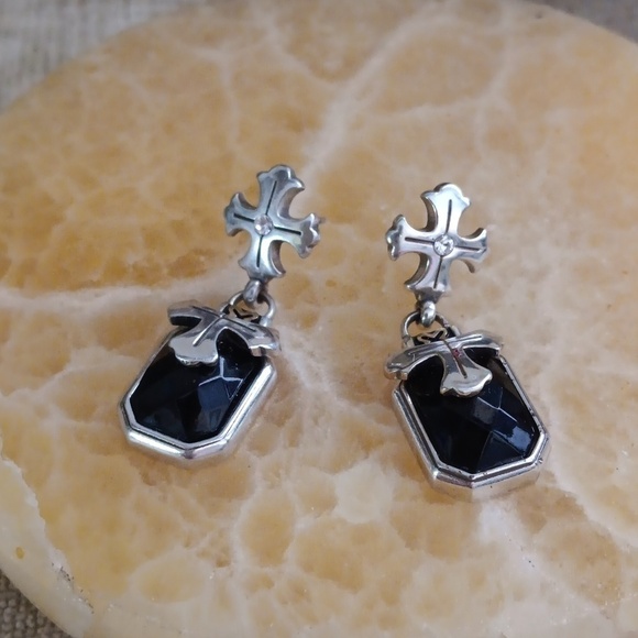 Silver Tone Cross Black Onyx Dangle Earrings - Picture 2 of 6